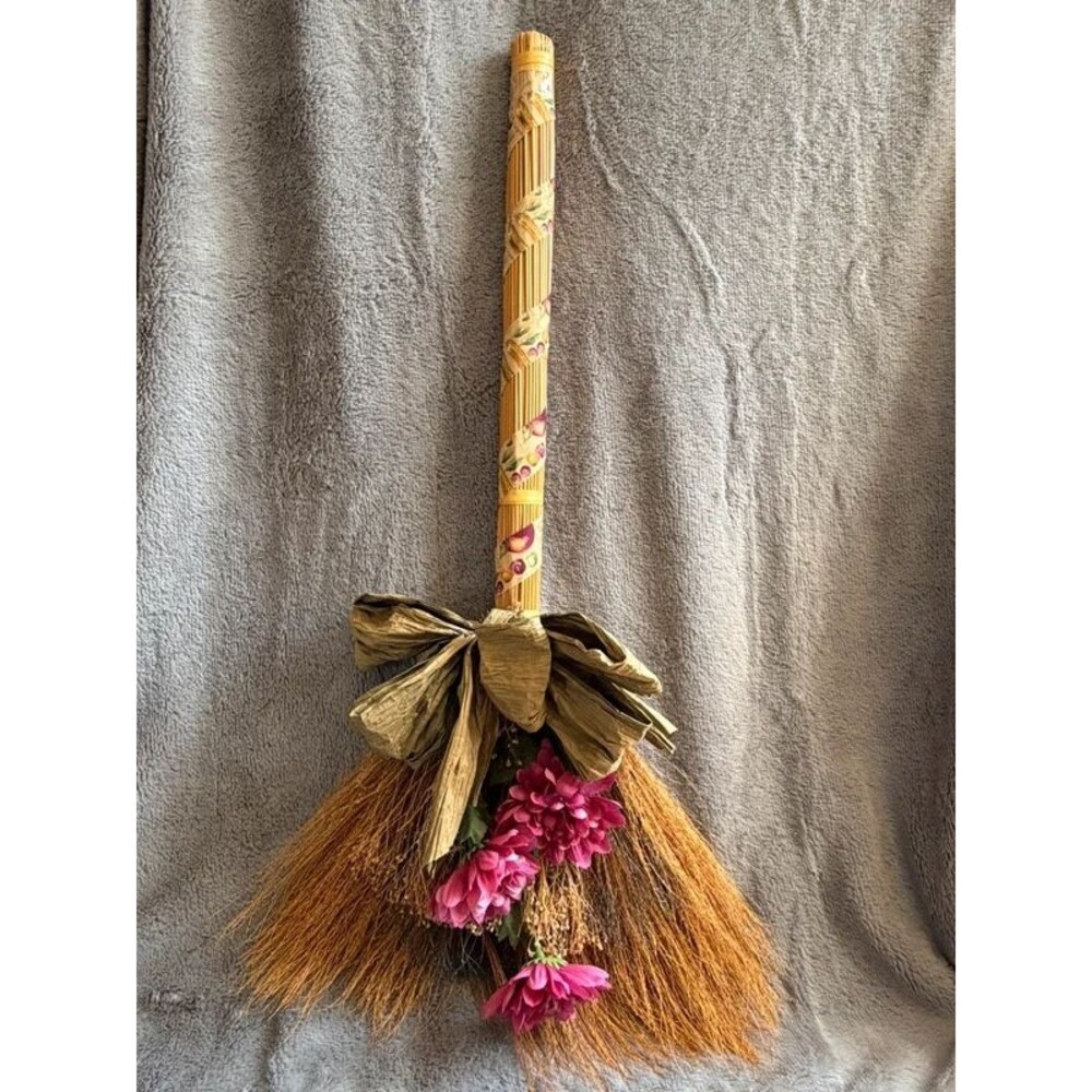 Vintage Fall Broom Decor Floral Ribbon Hearth Wall Hanging 29” Long
